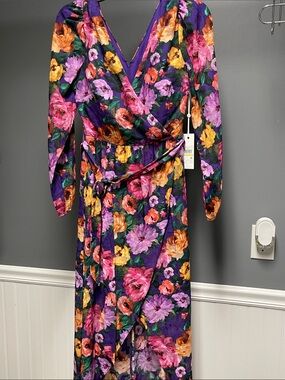 Siena Studio Purple Floral Wrap Maxi Dress with Pink, Yellow & Orange Blooms